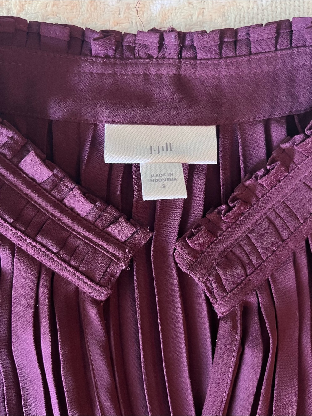 J. Jill Plum Pleated V-Neck Ruffle Poet Blouse in a Rich Burgundy Purple - Picture 4 of 9